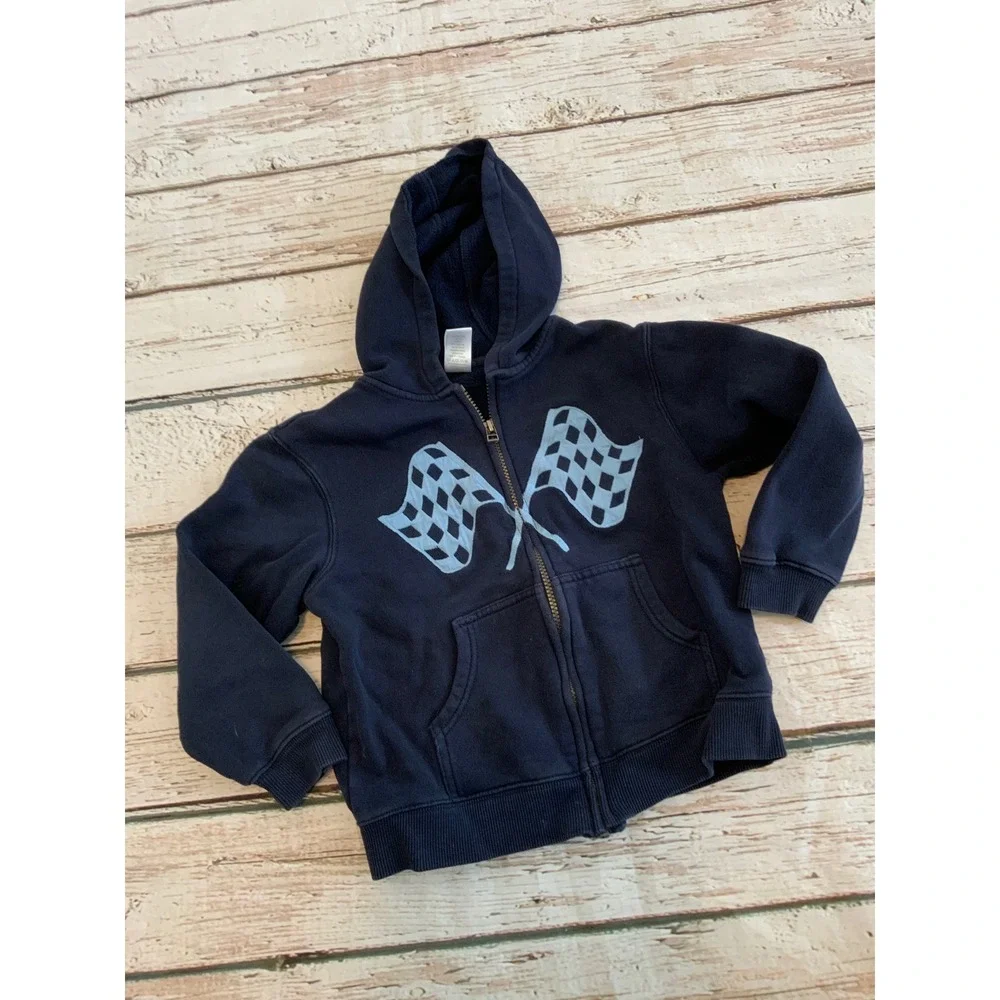 Gymboree Boys Navy Blue Checkered Racing Flags Zip Up Hoodie Sweatshirt Size 5-6